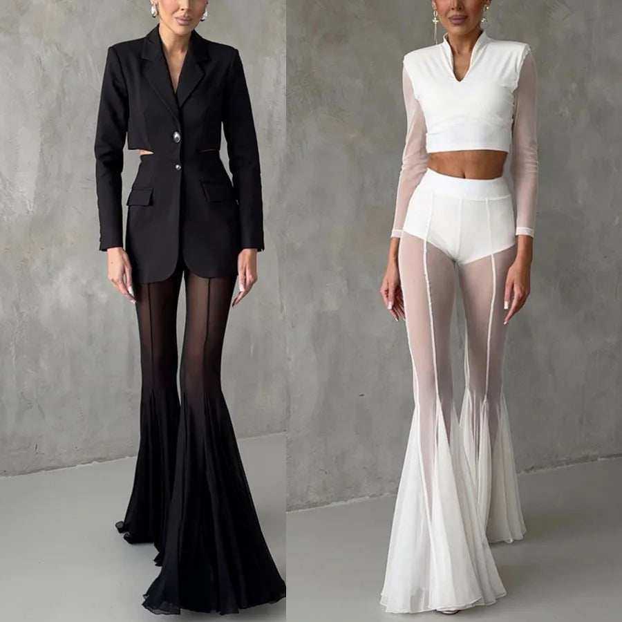 Women Spring Summer New Elastic Slim Flared Pants Loose Fashion Holiday Trouser Solid Color Casual Full Length